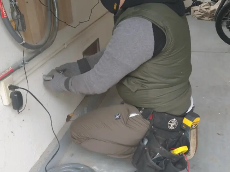 Electrician performing outlet wiring in a Central Point garage